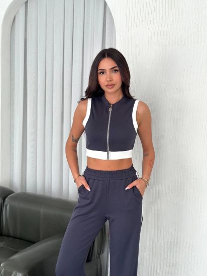Osy Modal Yumuşak Dokulu Kumaş Tam Fermuarlı Crop Pantalon İkili Takım - Antrasit resmi
